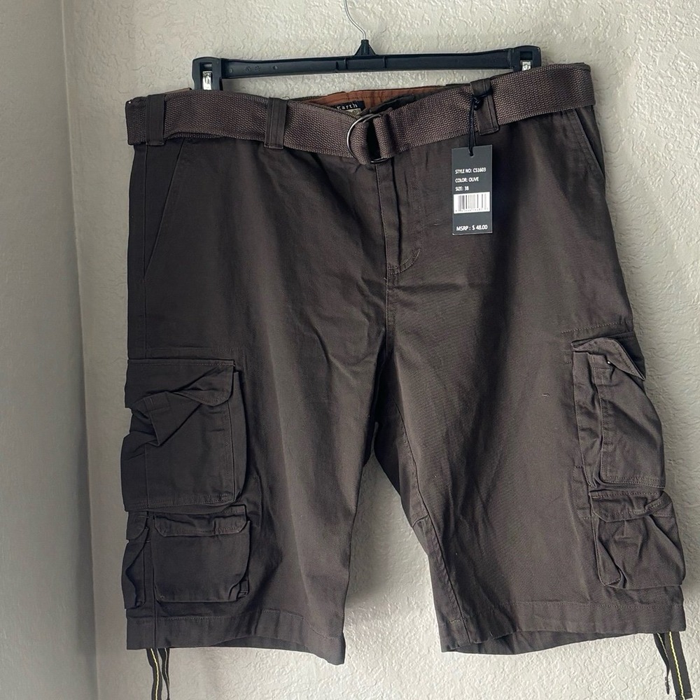 Men's Cargo Shorts Olive Green with Belt, S 38